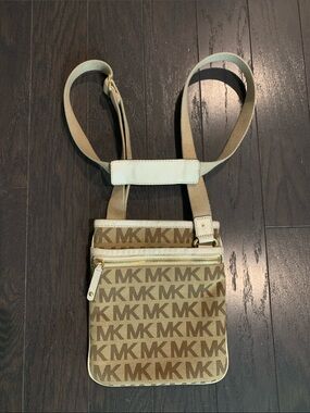 Michael Kors Beige/Tan MK Monogram Crossbody Messenger Bag
